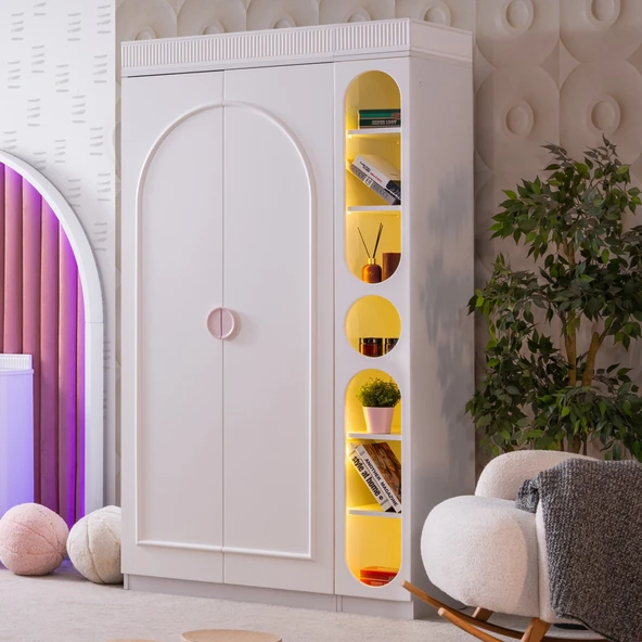Gardırop, Dolunay 2 Kapaklı Dolap ve Ledli Kitaplık - Pembe