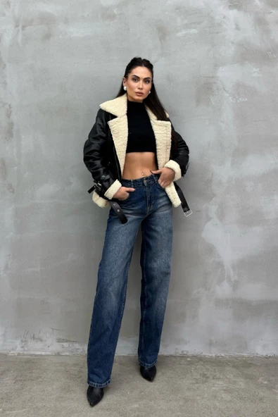 Kadın İçi Beyaz Kürklü Siyah Kısa Biker Deri Ceket Mont - Resim 9