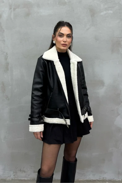Kadın İçi Beyaz Kürklü Siyah Kısa Biker Deri Ceket Mont - Resim 2