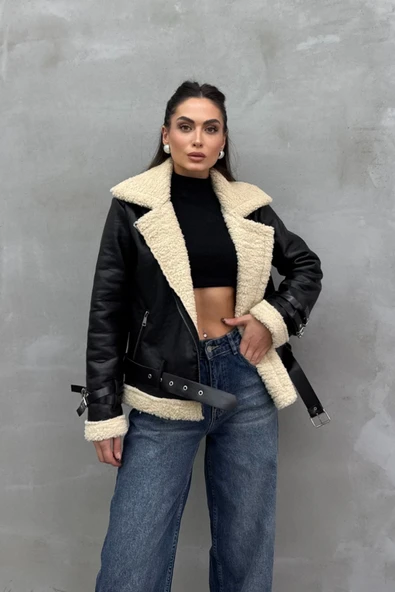 Kadın İçi Beyaz Kürklü Siyah Kısa Biker Deri Ceket Mont - Resim 7