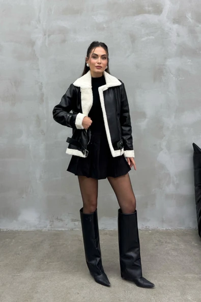 Kadın İçi Beyaz Kürklü Siyah Kısa Biker Deri Ceket Mont - Resim 3