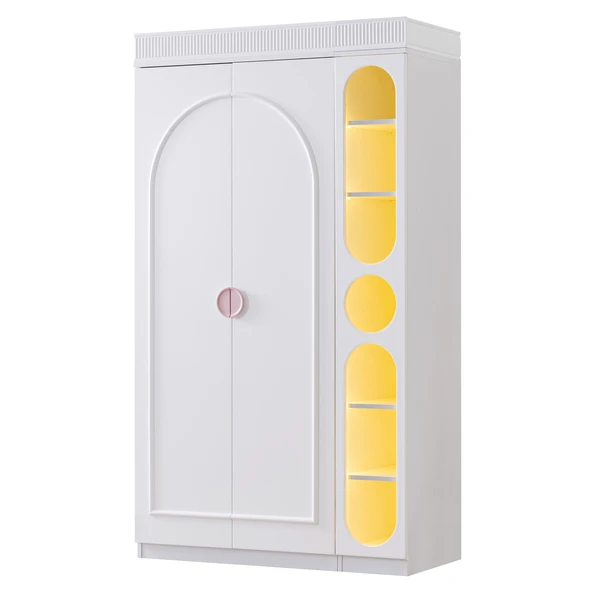 Gardırop, Dolunay 2 Kapaklı Dolap ve Ledli Kitaplık - Pembe - 2