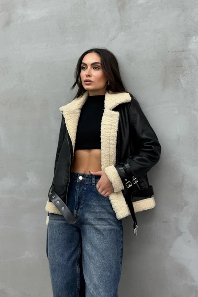 Kadın İçi Beyaz Kürklü Siyah Kısa Biker Deri Ceket Mont - Resim 8