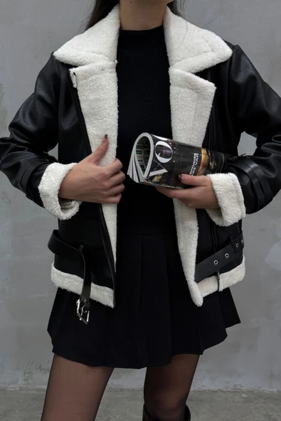 Kadın İçi Beyaz Kürklü Siyah Kısa Biker Deri Ceket Mont - Resim 5