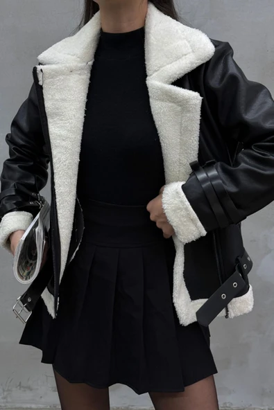Kadın İçi Beyaz Kürklü Siyah Kısa Biker Deri Ceket Mont - Resim 4