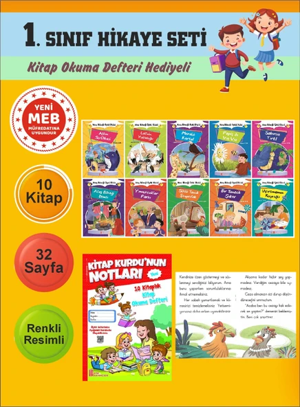 1.Sınıflar İçin Okumayı Sevdiren 10 lu Hikaye Seti (Kitap Okuma Defteri Hediyeli) ürün görseli 1