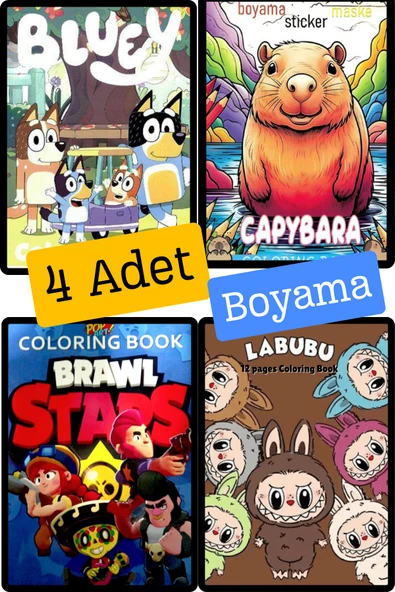 4'lü Brawll Stars Karakter Labubu  Capibara Buluey Boyama kitabı seti(boyama, sticker, arka kapak mask