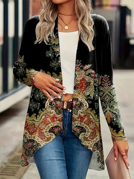 Kadın Uzun Kollu önü Açık Desenli şardonlu Dalgıç Ceket - 3