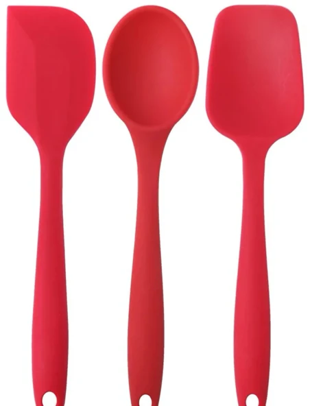 PinkRose Büyük Boy Kırmızı Silikon Spatula + Kaşık Set