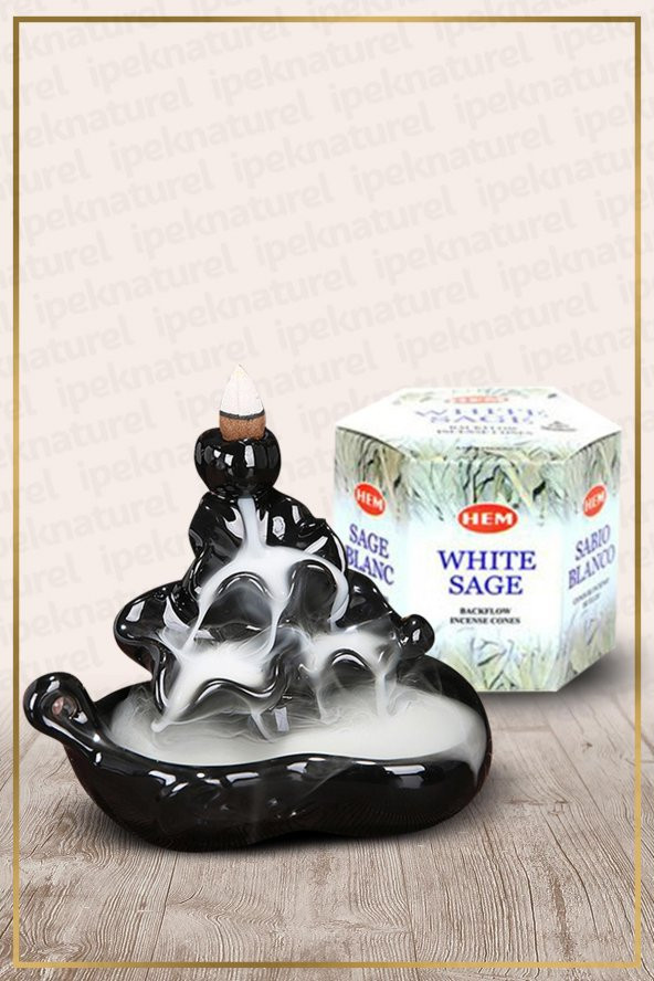 Geri Akışlı Şelale Temalı Siyah Tütsülük No:11 Ve White Sage Konik Tütsü 40 Adet - 2