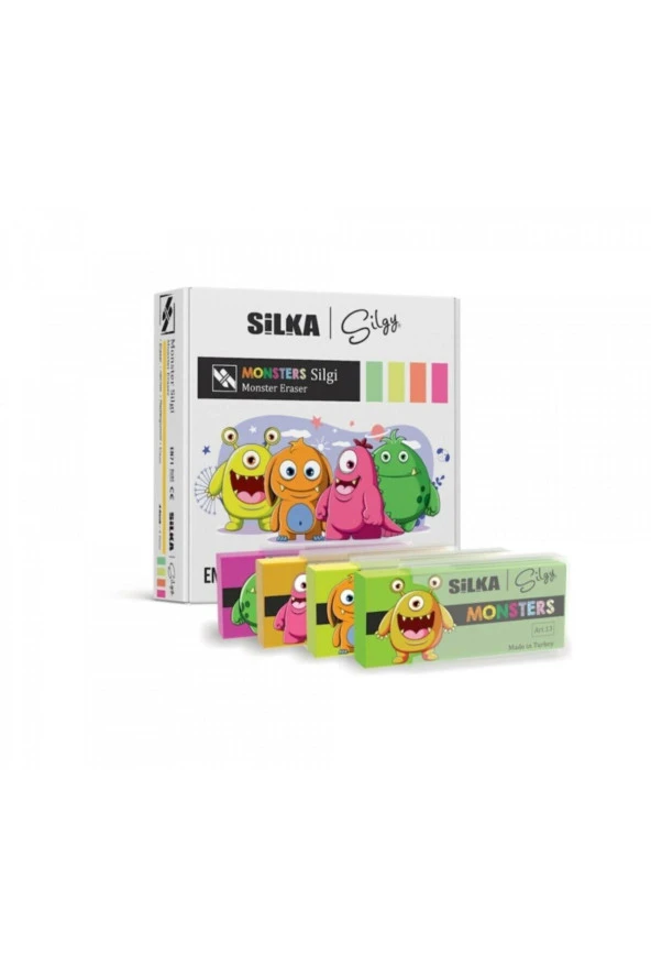 Silka Silgi Monster 4 Renk 20 Li Büyük Öğrenci Silgisi Art.13 (20 Li Paket)