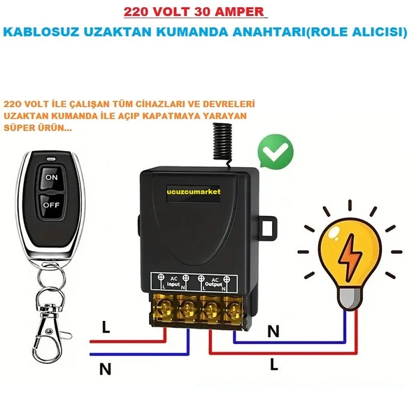 220 VOLT 30 AMPER KABLOSUZ UZAKTAN KUMANDA ANAHTARI(ROLE ALICISI)