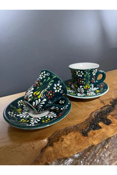 2 Adet Çini Desenli Kahve Fincanı Çini Lale Desenli Tabaklı Fincan Seti 4 Parça - 8