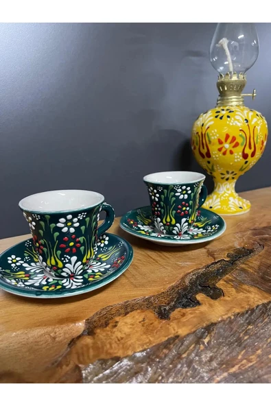 2 Adet Çini Desenli Kahve Fincanı Çini Lale Desenli Tabaklı Fincan Seti 4 Parça - 9