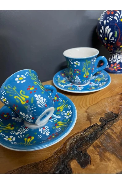 2 Adet Çini Desenli Kahve Fincanı Çini Lale Desenli Tabaklı Fincan Seti 4 Parça - 6