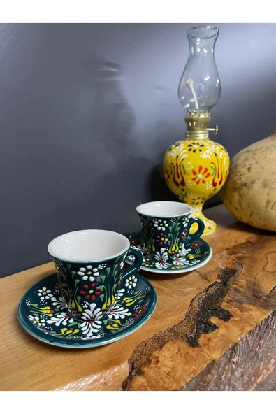 2 Adet Çini Desenli Kahve Fincanı Çini Lale Desenli Tabaklı Fincan Seti 4 Parça - 7