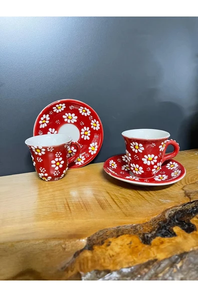 2 Adet Çini Desenli Kahve Fincanı Çini Lale Desenli Tabaklı Fincan Seti 4 Parça