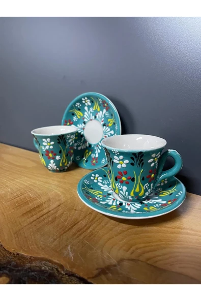 2 Adet Çini Desenli Kahve Fincanı Çini Lale Desenli Tabaklı Fincan Seti 4 Parça - 10