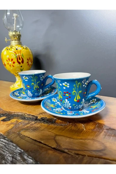 2 Adet Çini Desenli Kahve Fincanı Çini Lale Desenli Tabaklı Fincan Seti 4 Parça - 4