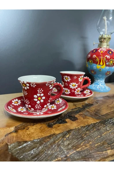 2 Adet Çini Desenli Kahve Fincanı Çini Lale Desenli Tabaklı Fincan Seti 4 Parça - 3