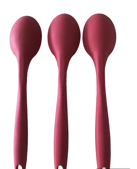 PinkRose Büyük Boy Yanmaz Yapışmaz Kırmızı Silikon Kaşık Set 3 Lü - 3