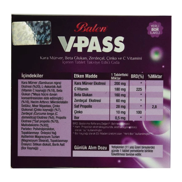 Balen V-Pass Tablet Kara Mürverli Zerdeçallı Çinko C Vitamini 30 - 2