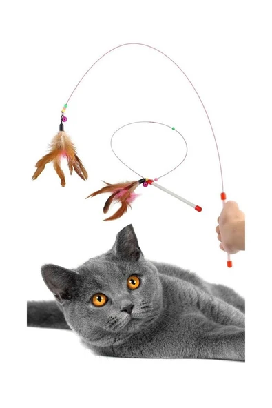 Pribor Tüylü Çıngaraklı Kedi Yakalama Oyun Oltası 90 Cm - 2