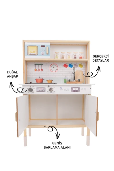 Ledli Ahşap Oyuncak Mutfak ~ Montessori Mutfak, Çocuk Mutfağı, Hediye Halı DBG102 - 4