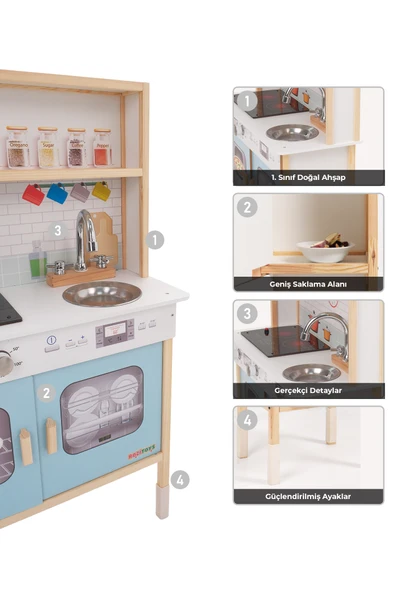 Ledli Ahşap Oyuncak Mutfak ~ Montessori Mutfak, Çocuk Mutfağı, Hediye Halı DBG102 - 5
