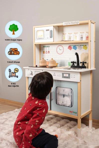 Ledli Ahşap Oyuncak Mutfak ~ Montessori Mutfak, Çocuk Mutfağı, Hediye Halı DBG102 - 2