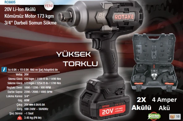 ROTAKE RC8805 Akülü 3/4 -  20 Volt 4 Amper Darbeli Somun Sökme Sıkma Makinesi Tabancası  173 kgm - 2
