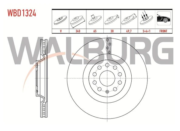 FREN DISKI ON HAVALI  GOLF VII (5G1) 1.6 TDI 5 BIJON 340X30X65X49.7 2012- 5Q0615301G - Resim 2