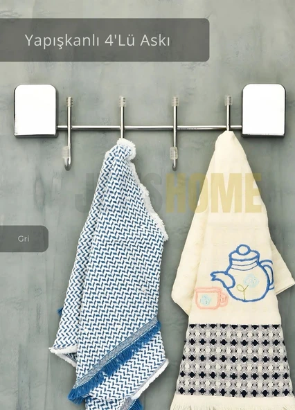 Yapışkanlı 4'lü Askılık Paslanmaz Metal Havluluk Krom - Resim 2