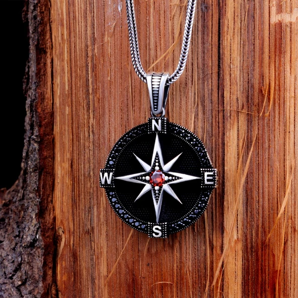 ZİRKON TAŞLI PUSULA MODEL 925 AYAR GÜMÜŞ KOLYE - Resim 3