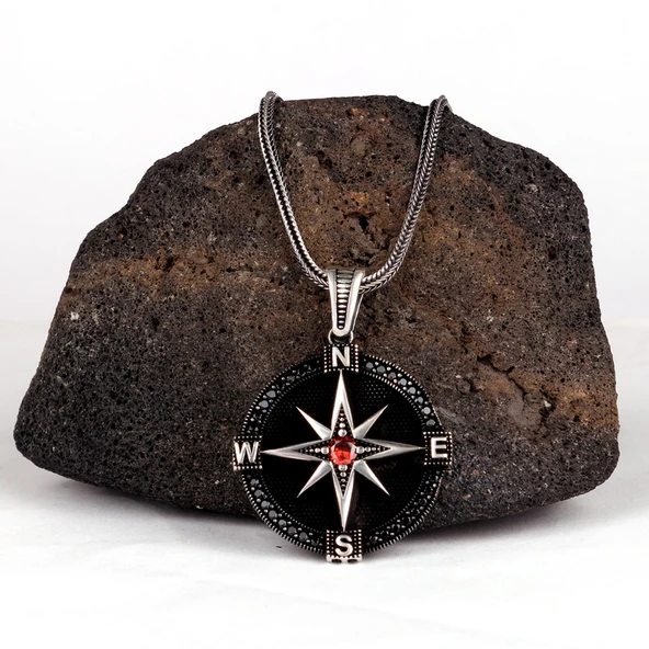 ZİRKON TAŞLI PUSULA MODEL 925 AYAR GÜMÜŞ KOLYE - Resim 2