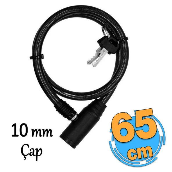 Bisiklet Halat Zincir Kilidi 65 cm Çelik Kilit Çap 10 mm Ø  Hırsız Önleme Güvenlik 1 Adet