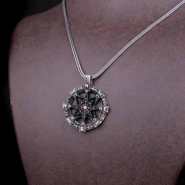 925 AYAR GÜMÜŞ ZİRKON TAŞLI PUSULA MODEL KOLYE - Resim 5