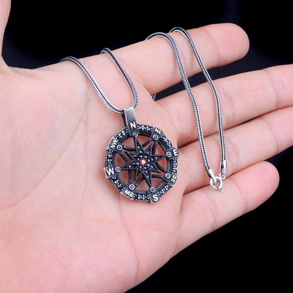 925 AYAR GÜMÜŞ ZİRKON TAŞLI PUSULA MODEL KOLYE - Resim 6