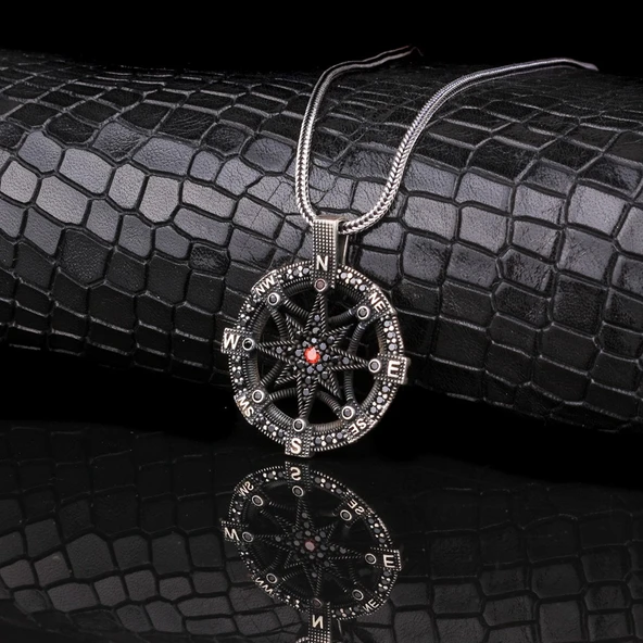 925 AYAR GÜMÜŞ ZİRKON TAŞLI PUSULA MODEL KOLYE - Resim 3