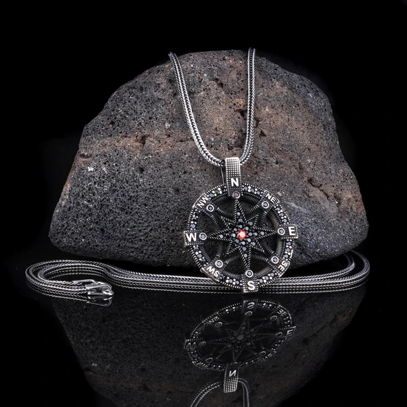 925 AYAR GÜMÜŞ ZİRKON TAŞLI PUSULA MODEL KOLYE - Resim 2