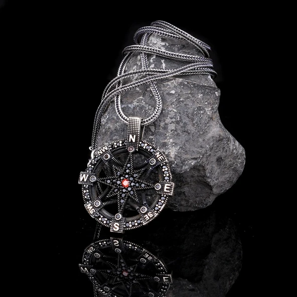 925 AYAR GÜMÜŞ ZİRKON TAŞLI PUSULA MODEL KOLYE - Resim 4