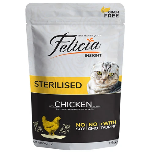 Felicia Pouch Jelly Sterilised Tavuklu ve Taurinli Tahılsız Kısırlaştırılmış Kedi Konservesi 6 Adet 85 Gr