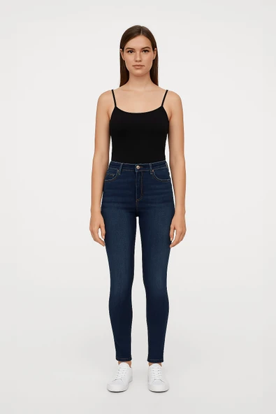 Kadın Yüksek Bel Dar Paça Skinny Fit Likralı Mavi Jean Pantolon