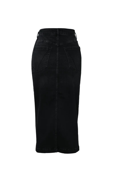 Önü Yan Düğmeli Midi Boy Likralı Siyah Jean Etek - 3