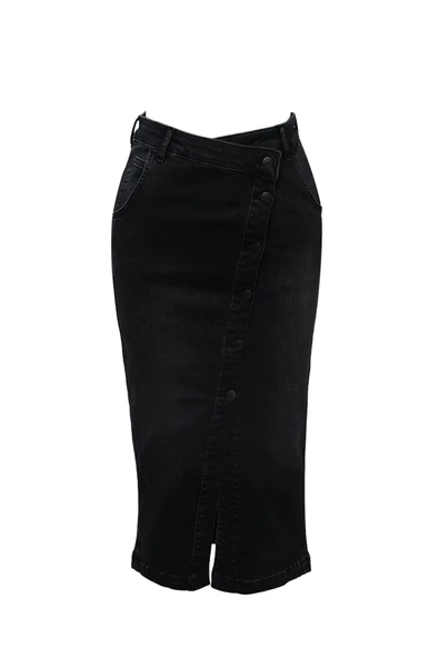 Önü Yan Düğmeli Midi Boy Likralı Siyah Jean Etek - 2