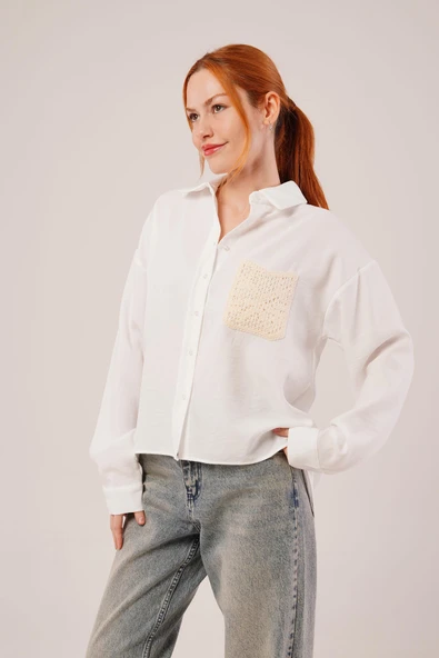 Etnik Cep Detaylı Beyaz Gömlek - Resim 3
