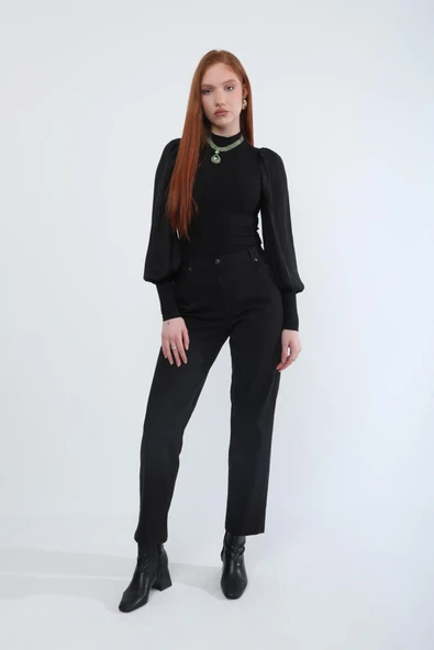 Kadın Beli Lastikli Likralı Esnek Jean Pantolon Siyah - 3