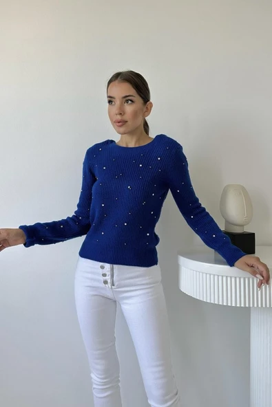 Mavi Boncuklu Triko Kazak