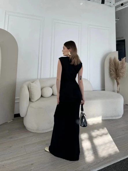 Kolsuz Uzun Likralı Elbise - Siyah - 3