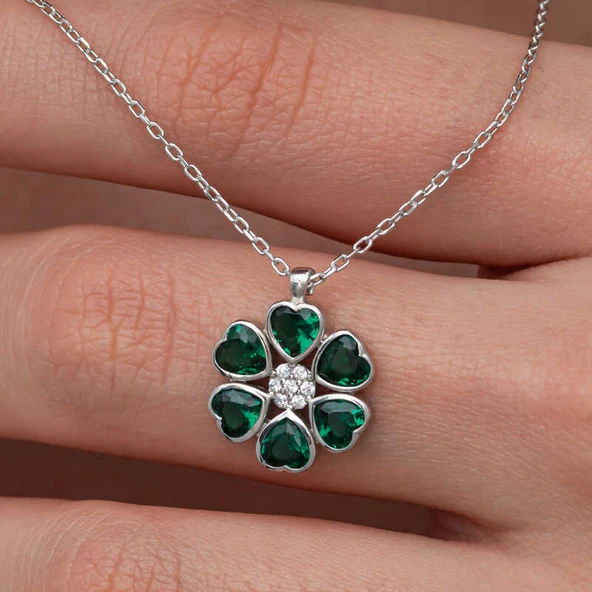Gümüş Yeşil Kalpli Çiçek Kadın Kolye SL10616 - 6